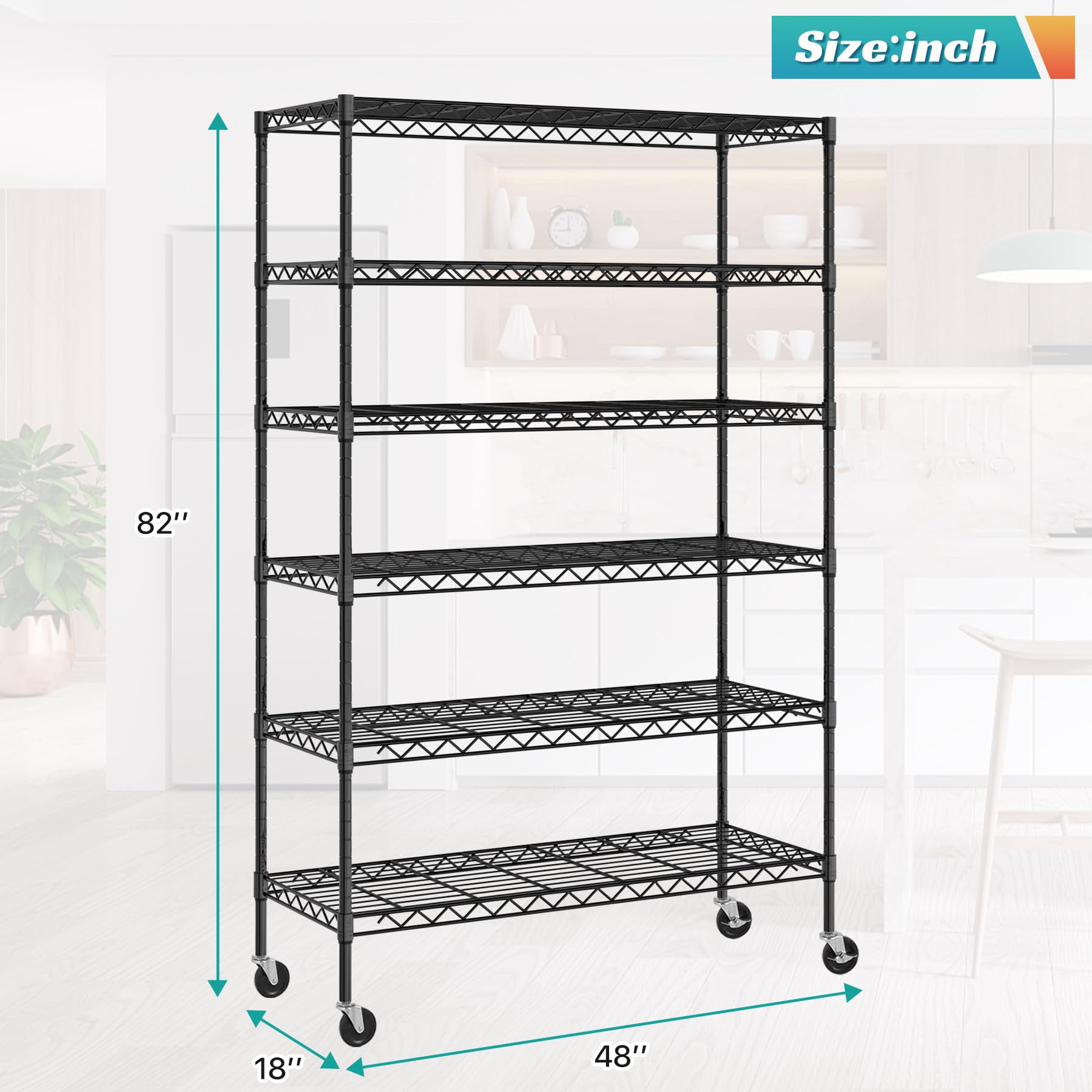 6-Tier Storage Shelves 45" x 18" x 82" Heavy Duty Metal Shelving Unit 2100Lb Capacity Adjustable Storage Racks with Wheels for Basement Commercial, Black