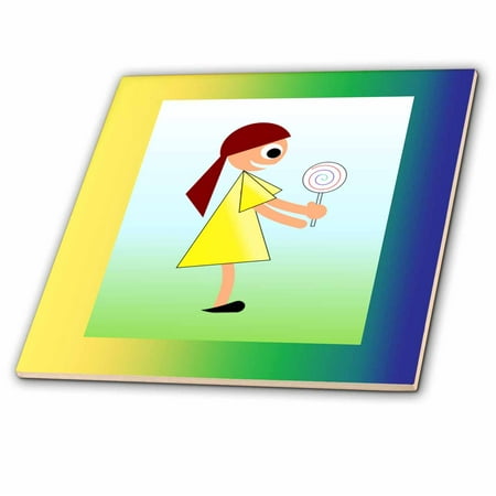 - 3dRose Image of Girl with Lollipop In Blue Green Yellow Frame - Ceramic Tile, 6-inch
