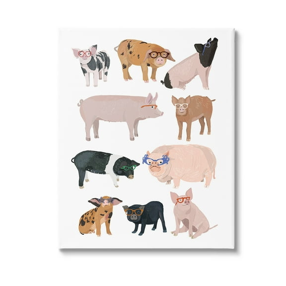 Stupell Industries Hipster Pigs in Glasses Animals & Insects Painting Gallery Wrapped Canvas Art Print Wall Art, 16 x 20