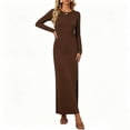 thumbnail image 6 of Ayolanni Split Fall Dresses Fitted Waist Long Sleeve Solid Crew Neck Maxi A-Line Dress Vacation Party Elegant Sundress Brown M, 6 of 7