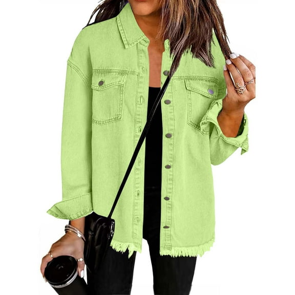 Byworldtasic Womens Jacket Women’s Oversized Button Up Frayed Hem Shacket Long Sleeve Pockets Denim Jean Shacket Jacket