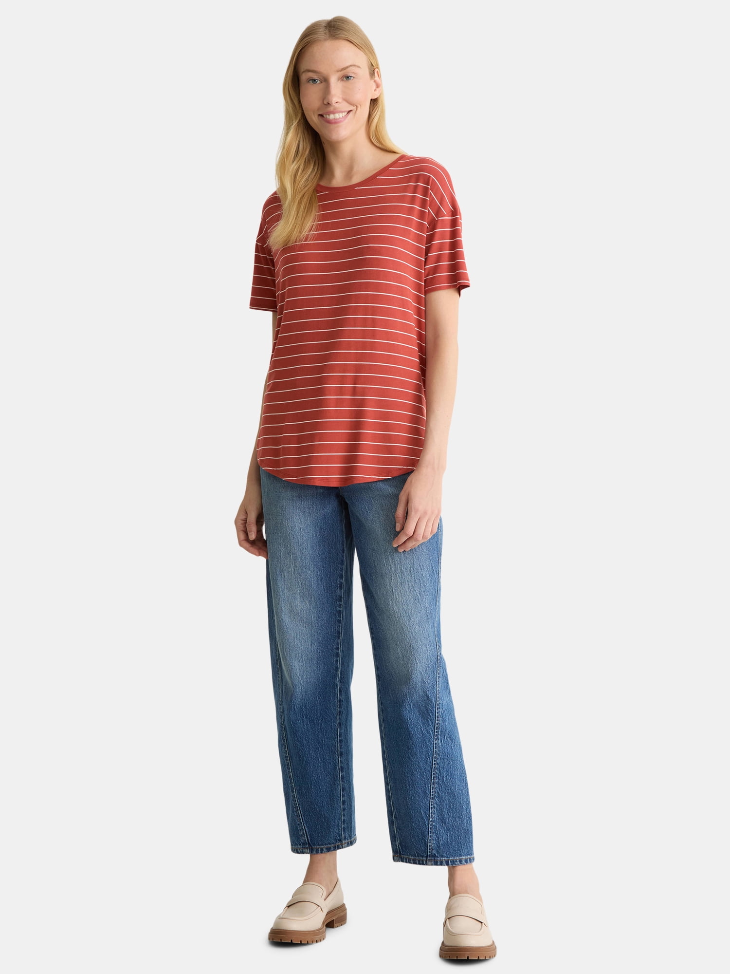 Time and Tru Women’s Crewneck Tunic Tee with Short Sleeves, Sizes XS-XXXL
