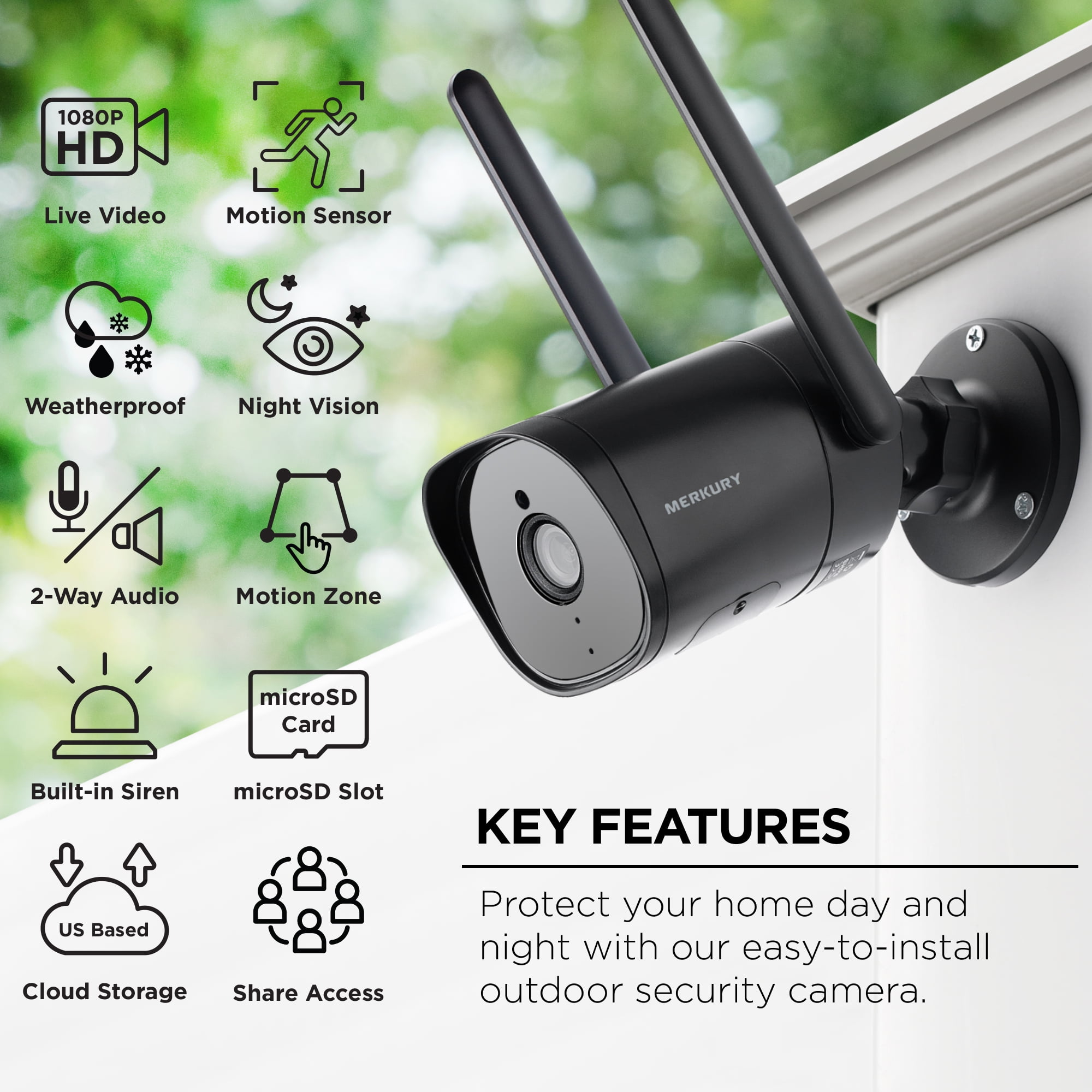 Merkury Smart Outdoor Camera 1080p - Wired Surveillance System, Black (3-Pack)