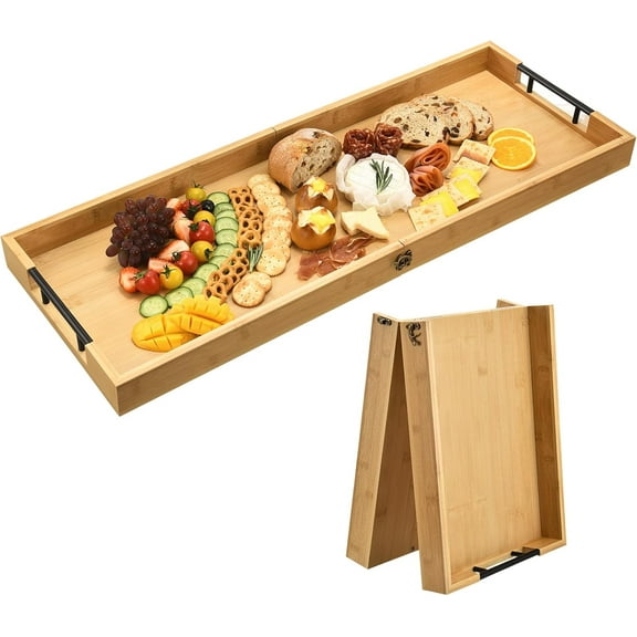Large Charcuterie Board with Handles, 32 x 12 Inch Foldable Bamboo Serving Cheese Boards - Serving Platter for Meat, Party Appetizers, Outdoor & Fruit