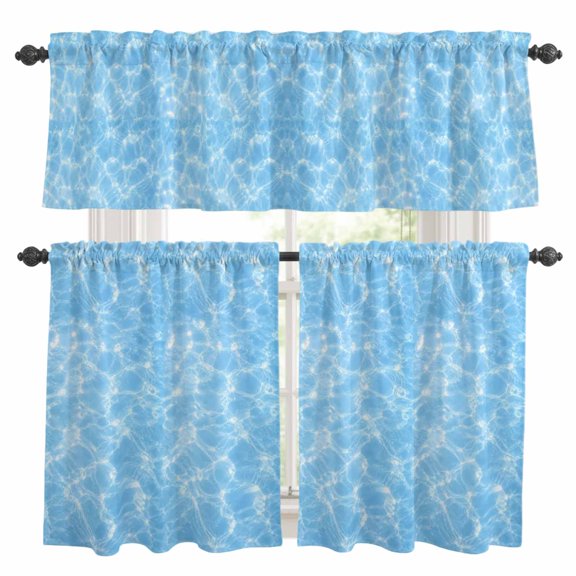 Water Texture Kitchen Curtains and Valances Set, Summer Coastal Blue Sparkling Sun Rippled Waves 3 Piece Curtains Valances and Tiers Set Rod Pocket for Kitchen Bathroom Windows 24 Inch