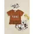thumbnail image 3 of aturustex Infant Girl Tops + Shorts + Bow Headband Tassel Letter Cow / Camouflage / Rainbow Clothing, 3 of 9