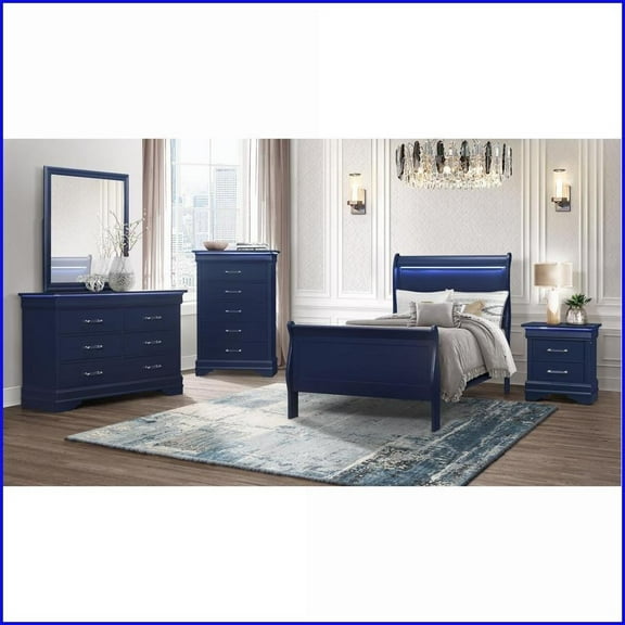 Bedroom Furniture Set Full 5-Piece Sleigh Style with LED Headboard Blue | Solid Wood MDF | Sleigh Beds