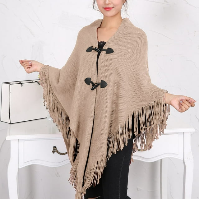 Autumn And Winter Cape Cape Fringe Horn Buckle Solid Color Irregular Double Fringe Cape Cape Warm And Thick