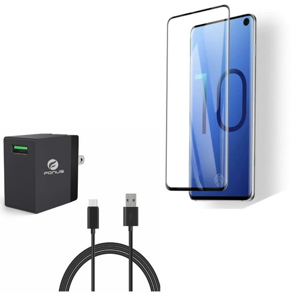 Galaxy S10  18W Quick Home Charger w Tempered Glass Screen Protector - 6ft USB Cable Power Cord, [Fingerprint Works] 3D Curved Edge Full Cover for Samsung Galaxy S10