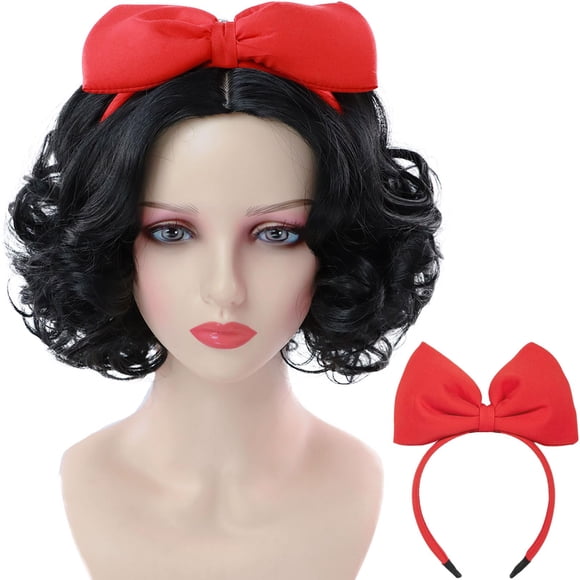 Peluca Tereshar Negra Rizada Bob Corto con Lazo Rojo para Mujeres