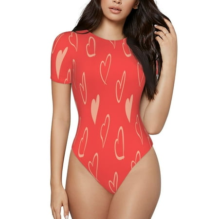 Rocae Cute love heart for One Piece Round Neck Short Sleeve Bodysuits for Women Casual Basic Bodysuit Daily Jumpsuit T Shirts-Large