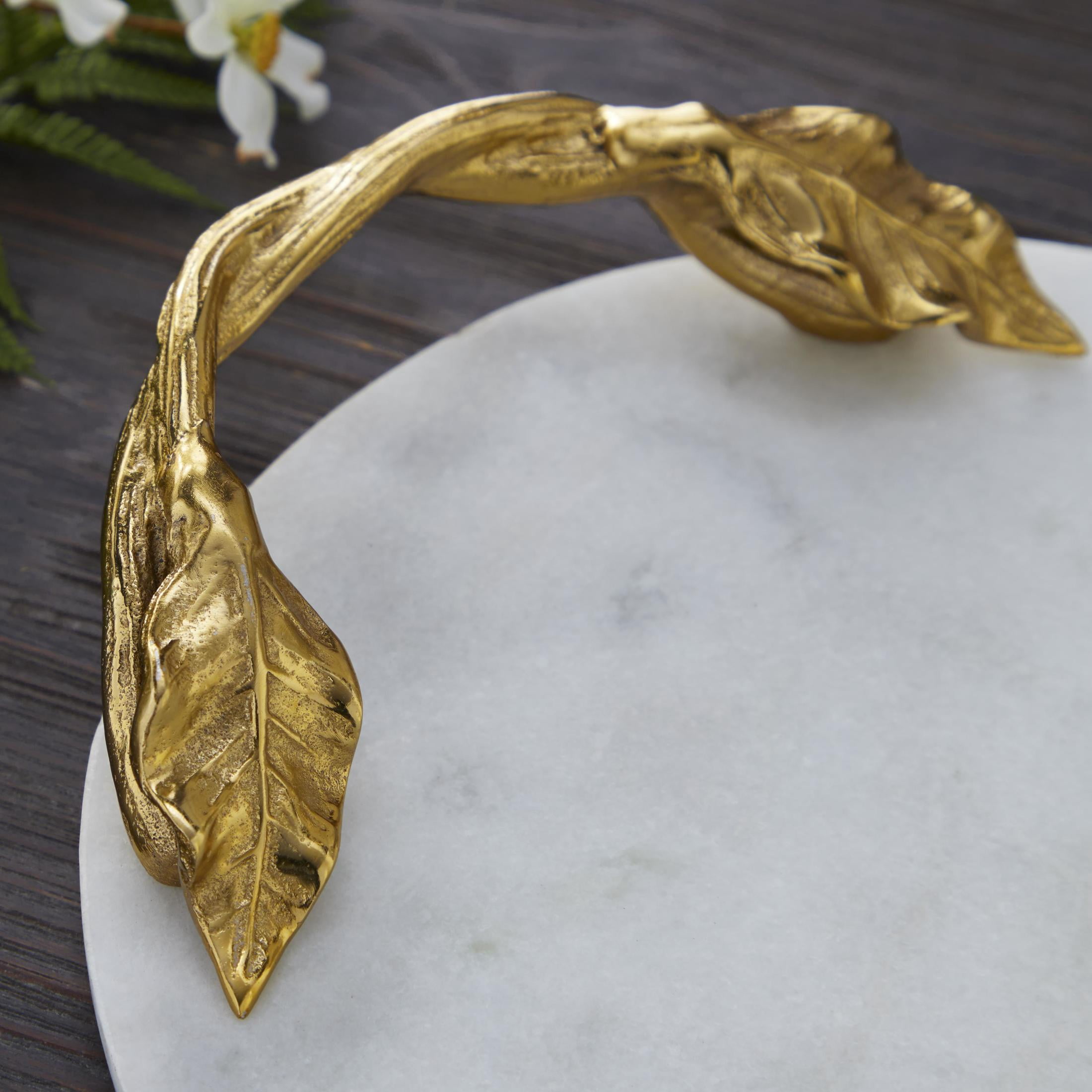 DecMode 20" x 10" White Marble Oval Leaf Tray with Gold Twisted Metal Handles, 1-Piece
