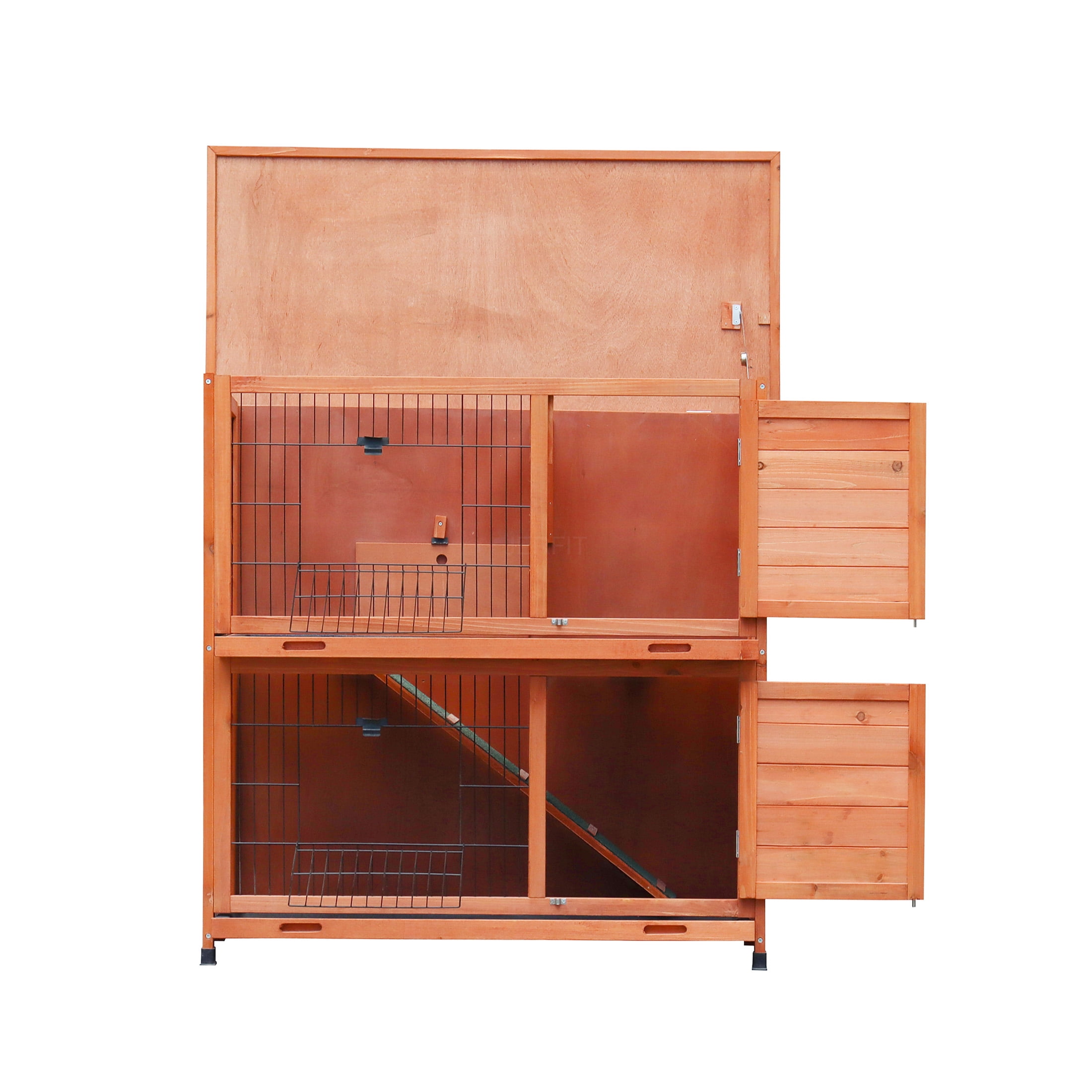 JERFIT 2-Story Rabbit Hutch with Outdoor Run, Natural Wood & Metal Bunny Cage, Waterproof Roof, No-Leak Pull-Out Trays, Non-Slip Ramp for Rabbits & Small Animals