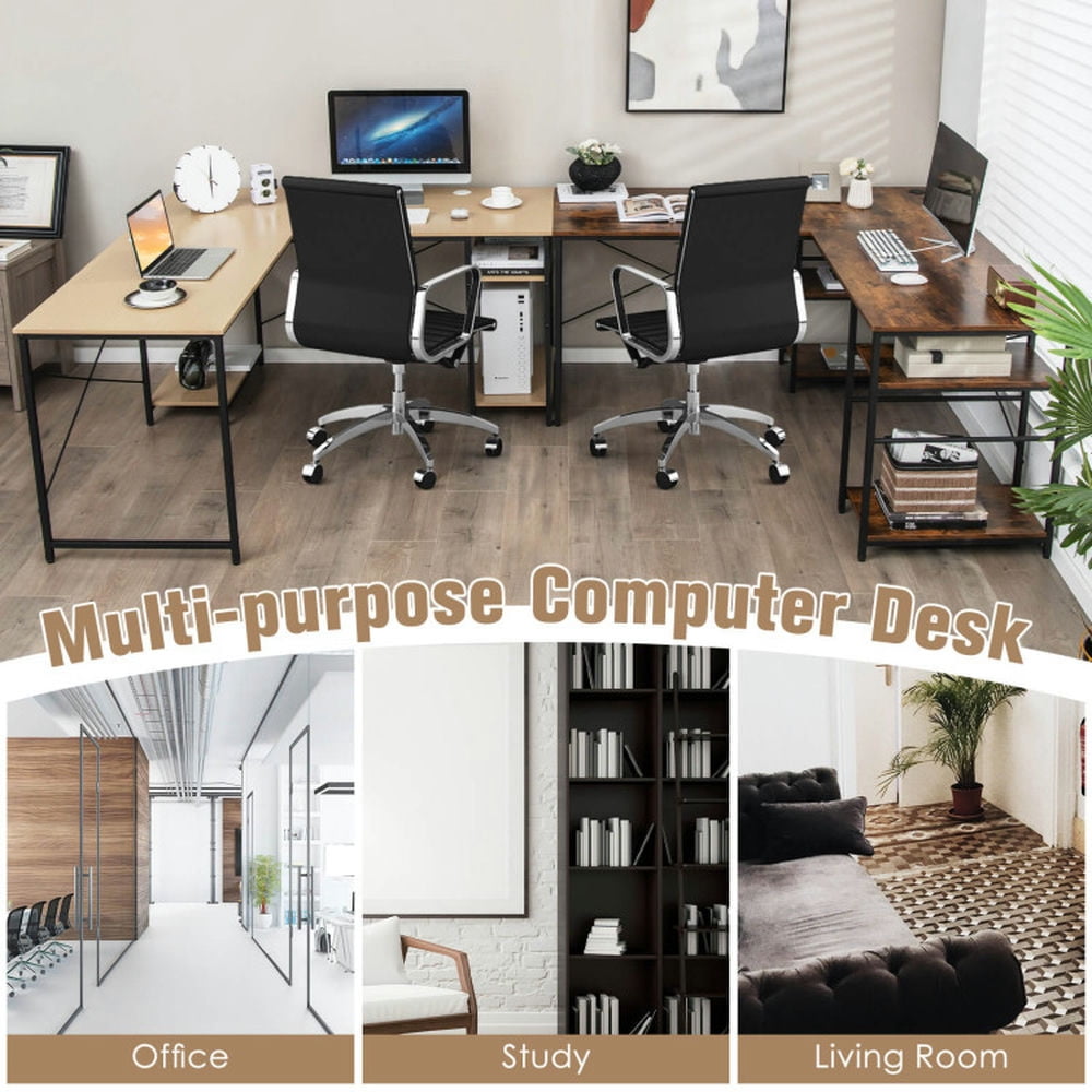 Demi Bonn L Shaped Computer Desk with 4 Storage Shelves and Cable Holes, Small Home Office Desk Study Writing Table, Natural