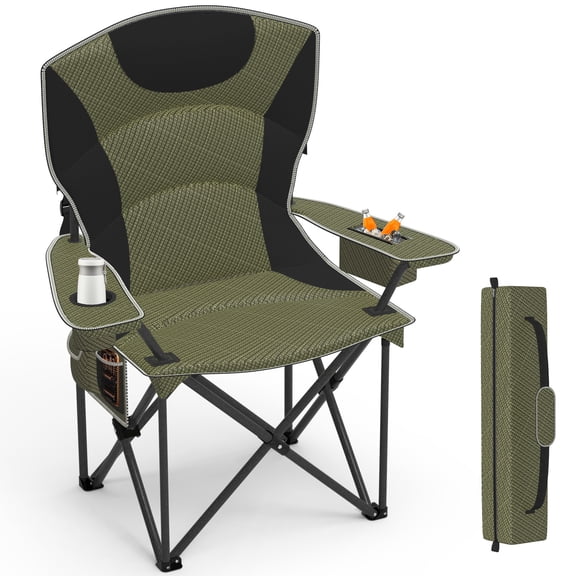 Portable Camping Chair for Adults, Folding Chair for Outside, Heavy-Duty Beach Chairs with Cooler Bag, Green