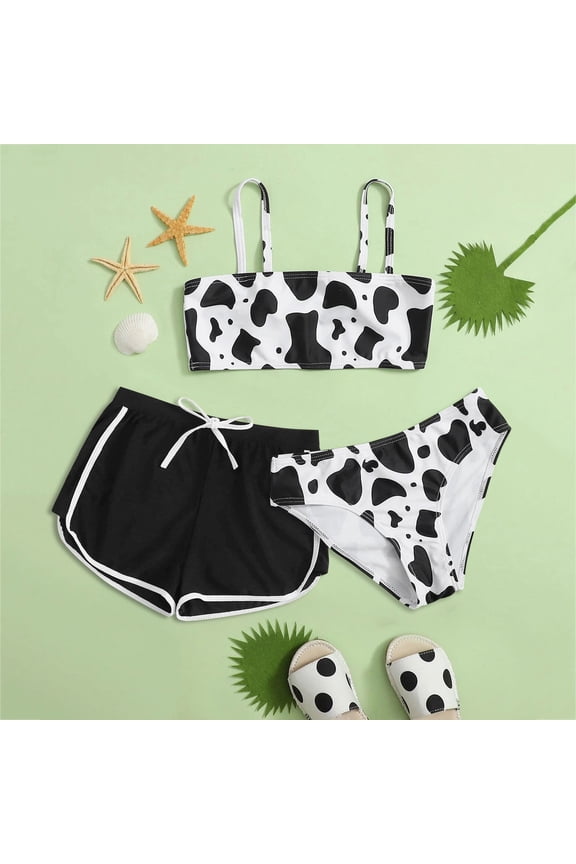 Girls 3-Piece Bikini Set Cow Spot Printed Two-Piece Swimsuit with Matching Boyshorts Kids Beach Bathing Suit