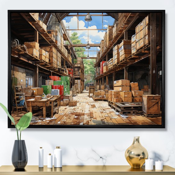 Designart Brown Industrial black framed wall art, Warehouses framed wall Art, Treasures Concealed in Warehouses I , Warehouses framed wall art decor, 32x16 inches black frame