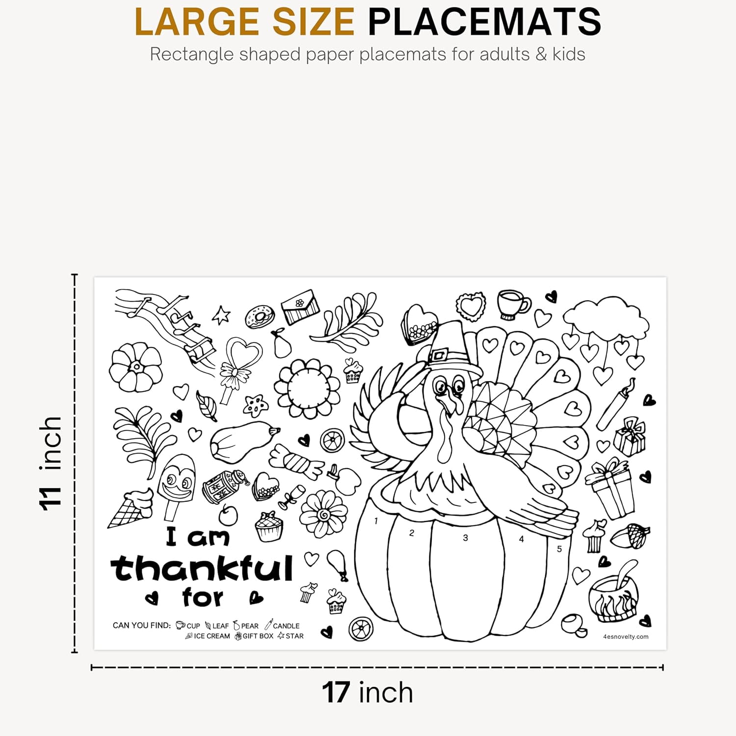 4E's Novelty 12 Pack Thanksgiving Placemat Activity for Kids & Adults - Perfect Disposable Paper Placemats 11x17, Fall Turkey Table Decor & Crafts