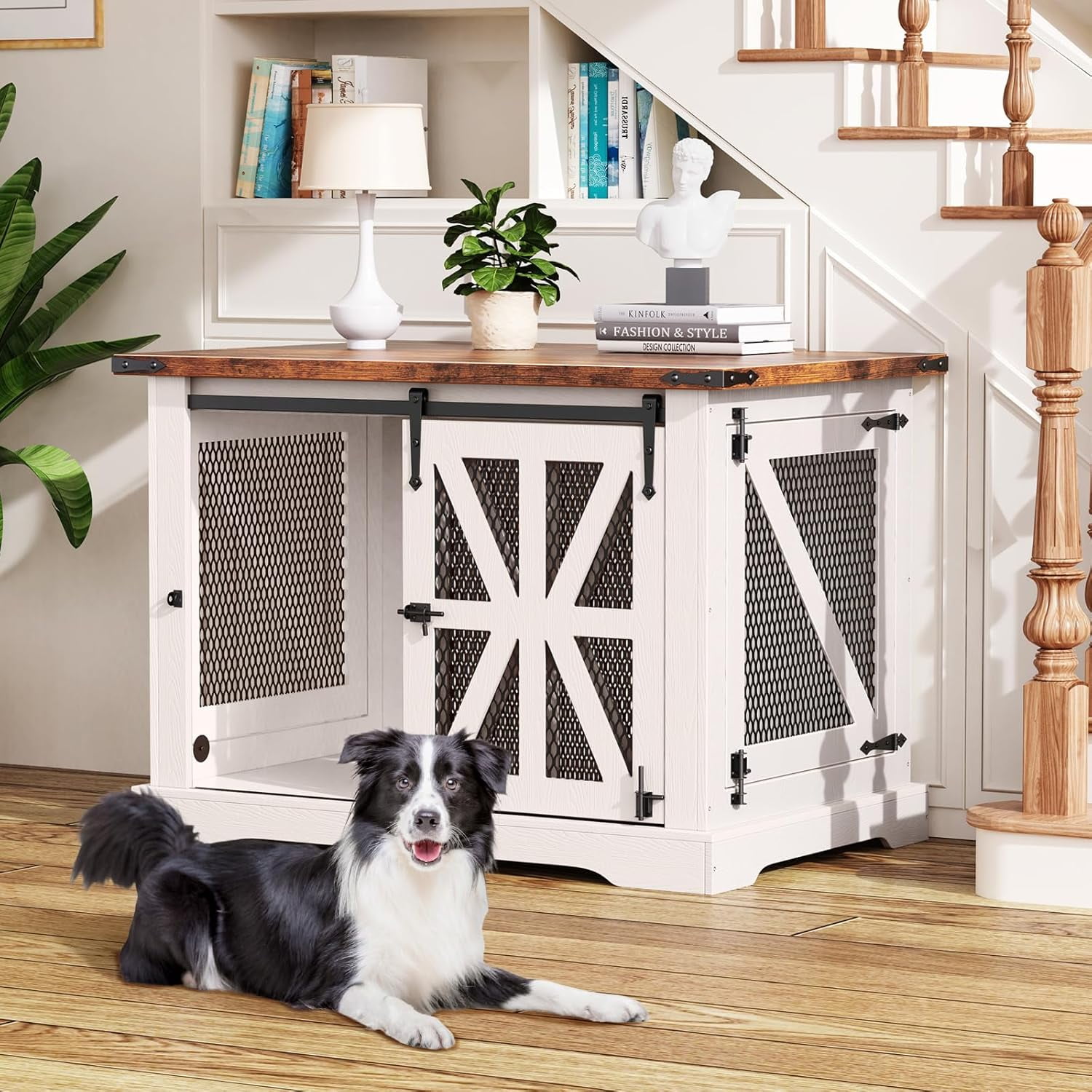 Flycity 39.4''Farmhouse Dog Crate Furniture with Sliding Door, Heavy Duty Dog Crate for Small Medium Dogs, Wooden Dog Kennel Indoor with 3 Doors, Decorative Pet House End Table for Living Room, White