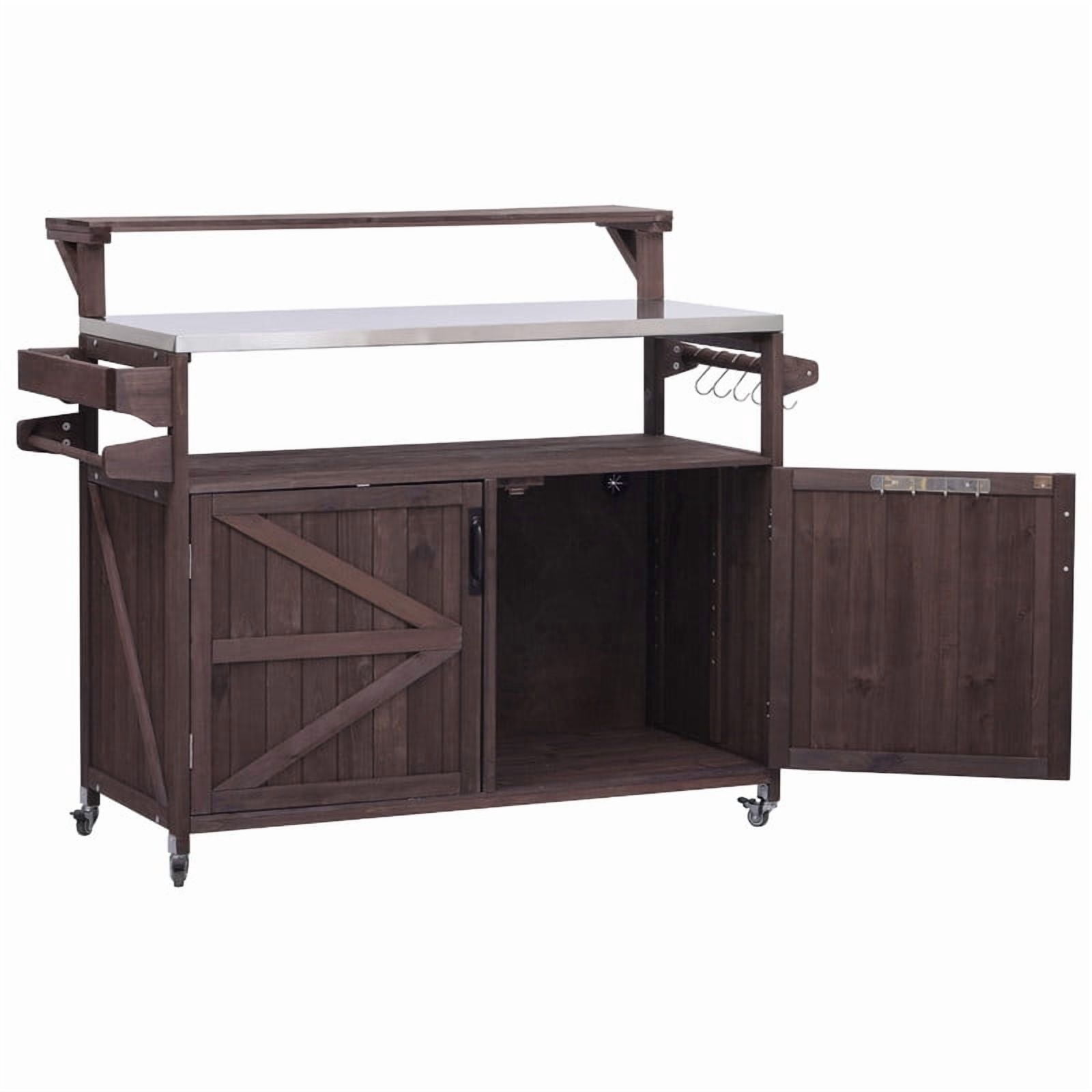 Outdoor Kitchen Island with Raised Shelf & Stainless Steel Top, Outdoor Rolling Grill Cart with Adjustable Shelf & Internal Storage Rack