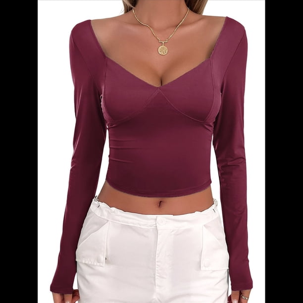 Camisetas de Larga con Cuello en V para Mujer, Top Corto con Doble Forro y Copas con Costura para Salir. Rojo Oscuro XL