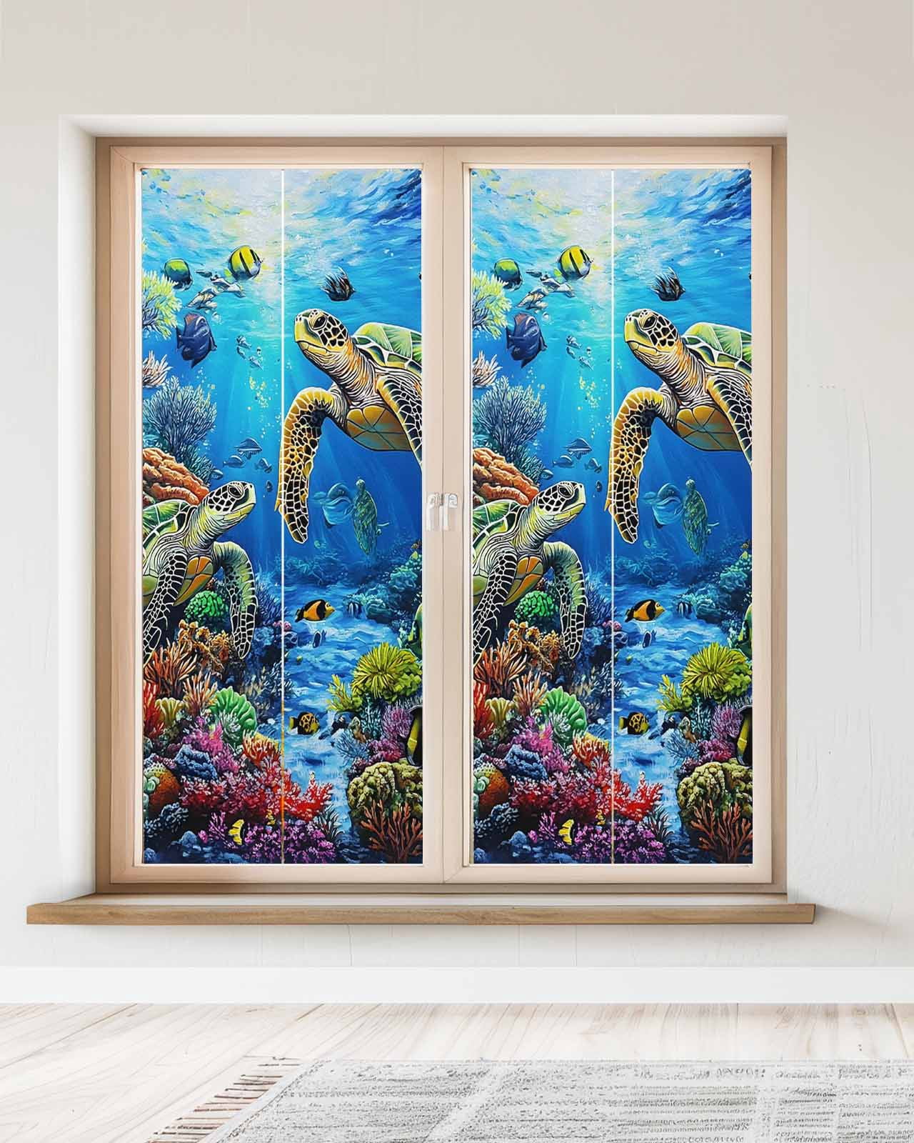 Window Privacy Film Blue Sea Turtle Ocean Stained Glass Window Film Decorative Sun Block Window Cover Colorful Coral Sea Underwater Window Clings Static Adhesive Sticker for Bathroom 23.6"x59"