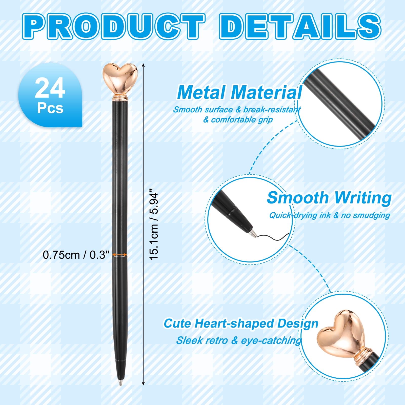 Uxcell Heart Pens 1.0 mm Black Ink, 24 Pcs Metal Cute Pens Heart Ballpoint Retractable for Women Wedding Office Party, Black/Rose Gold