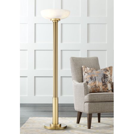 Possini Euro Design Modern Torchiere Floor Lamp Warm Antique Gold Metal Glass Shade For Living Room Reading Bedroom Office Uplight