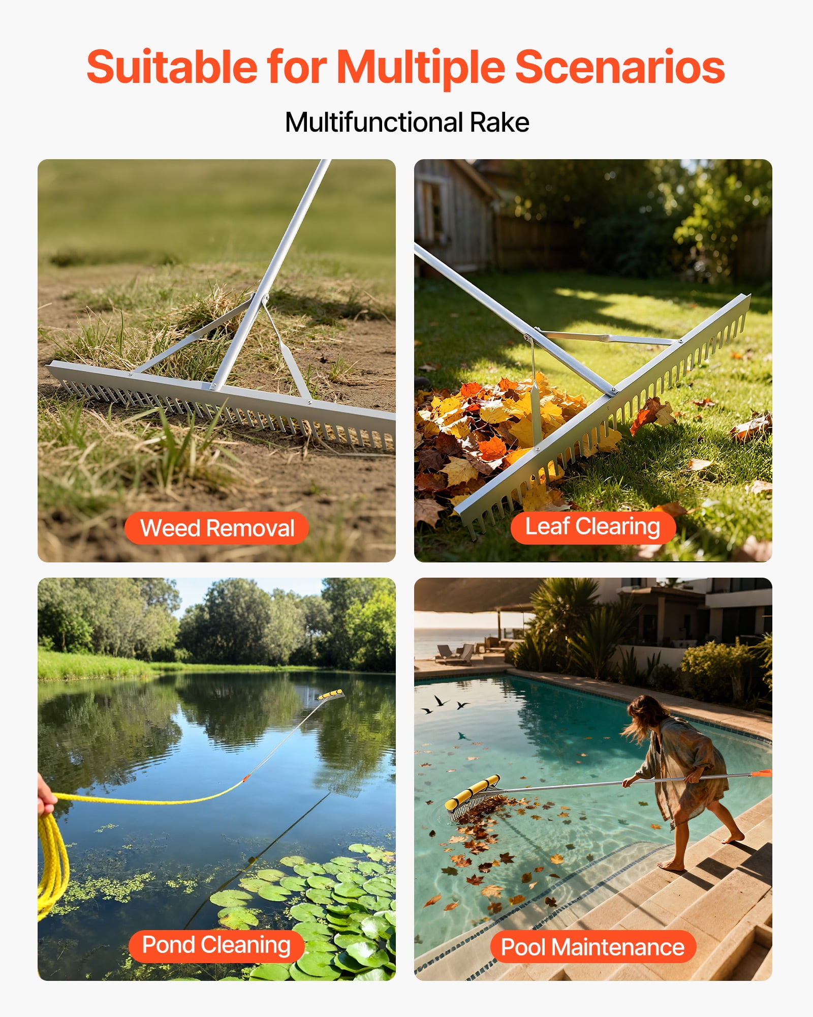 VEVOR Landscape Rake, 36 inch Wide Head 133 inch Handle, Large Heavy Duty Aluminum Landscaping Leaf Rake Tool, Asphalt Level for Loosening Soil, Garden & Yard, Pond Gravel & Beach Lawn Care,52ft Rope