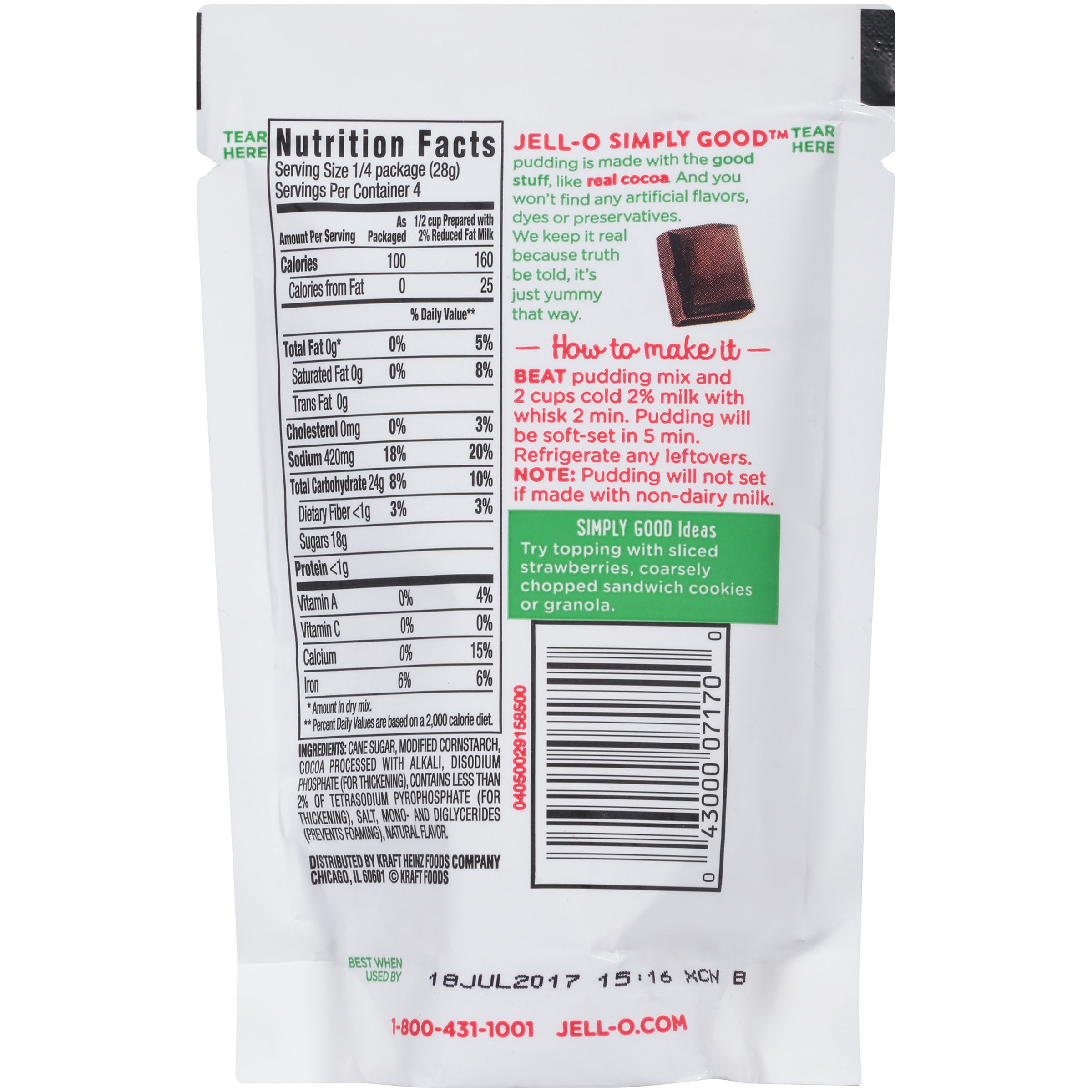 Jell-O Simply Good Chocolate Instant Pudding, 3.9 oz Pouch