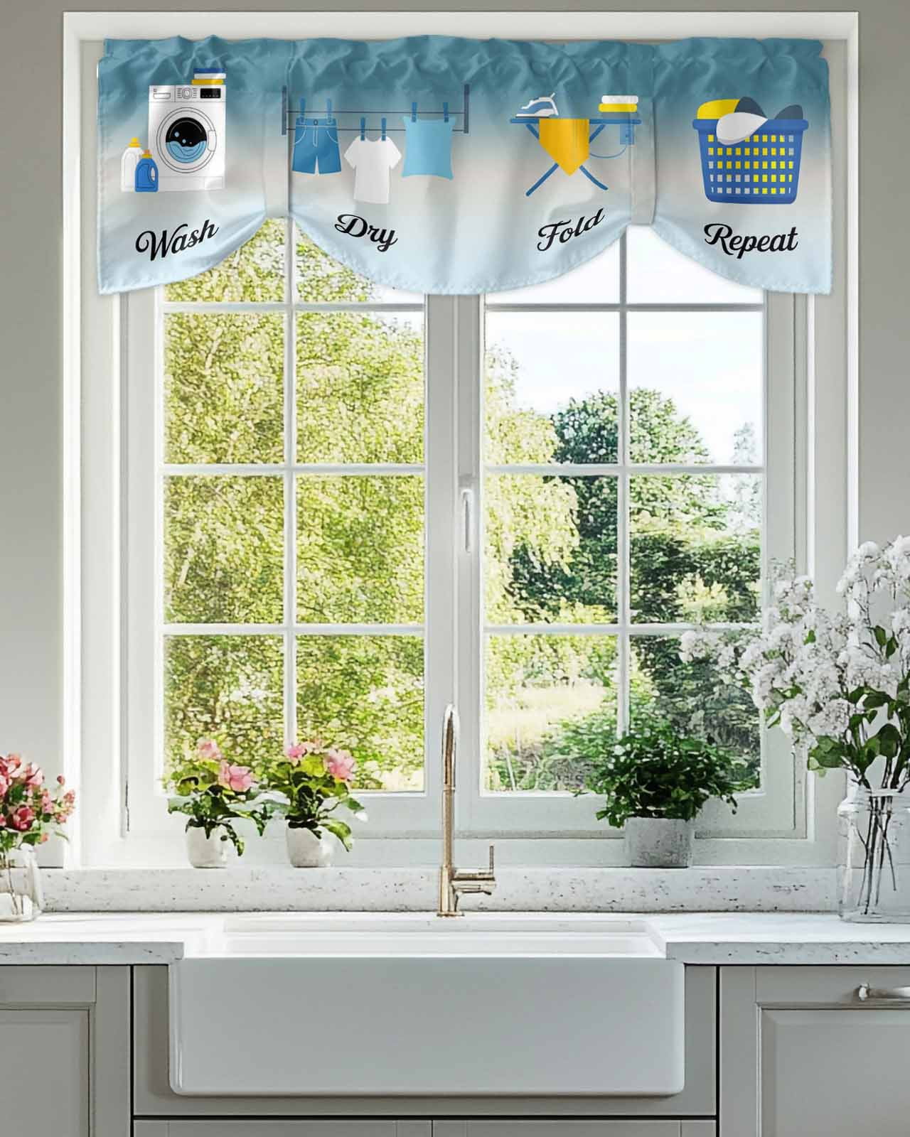 Wash Dry Fold Repeat Tie Up Valances Curtain, Laundry Clothes Gradient Blue Kitchen Valances for Windows Decor, Rod Pocket Short Curtains Set for Bedroom/Bathroom, 54"x18"