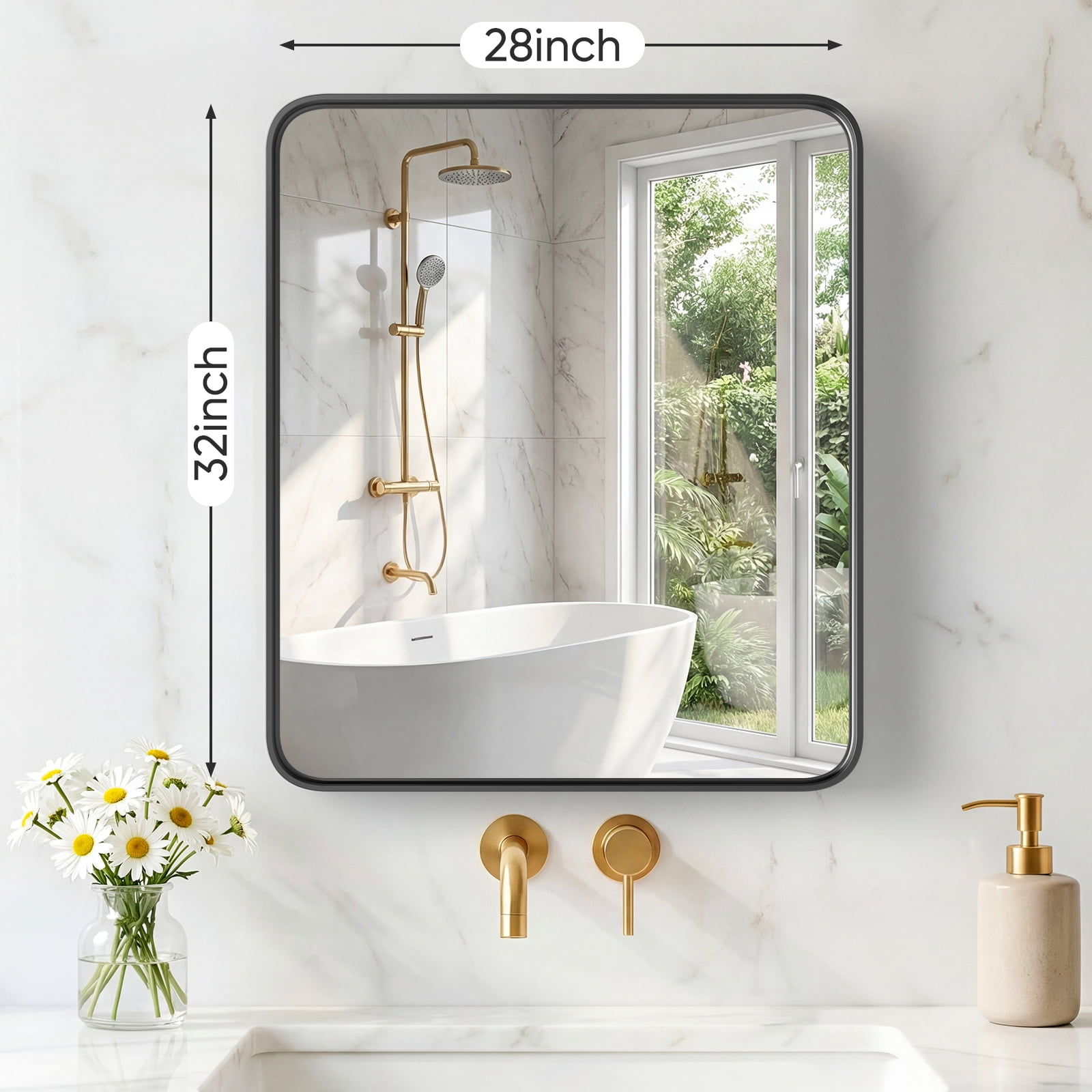 Gianna Anti-Fog Bathroom Wall Mirror – 28" x 32" Shatterproof Vanity Mirror with Rectangular Metal Frame, Black