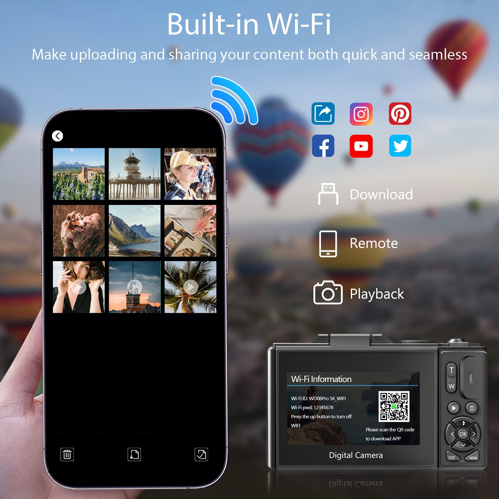 XLURC 5K Digital Camera for Photography with Wifi, 75MP Vlogging Camera for YouTube with 3" 180° Flip Screen, 18X Digital Zoom Photography Camera with 32GB Micro SD Card & 2 Batteries