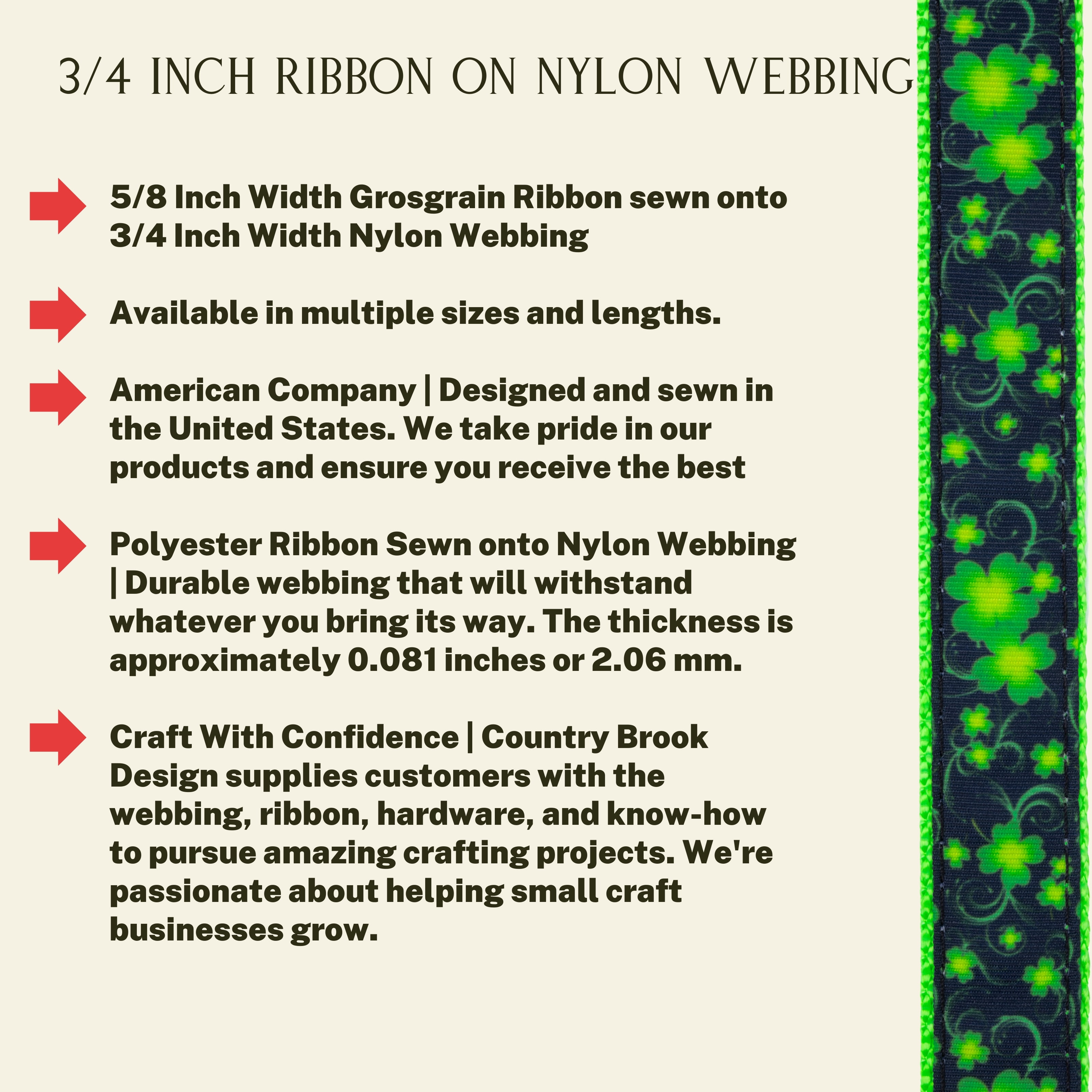 Country Brook Design - Clovers in the Wind on Hot Green Nylon Webbing (3/4 Inch, 10 Yards)