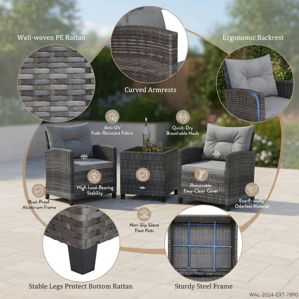 Hommoo 3-Piece Modern Outdoor Wicker Conversation Set, PE Rattan Sofa & Coffee Table with Tempered Glass Top, Weather-Resistant Cushions, Gray