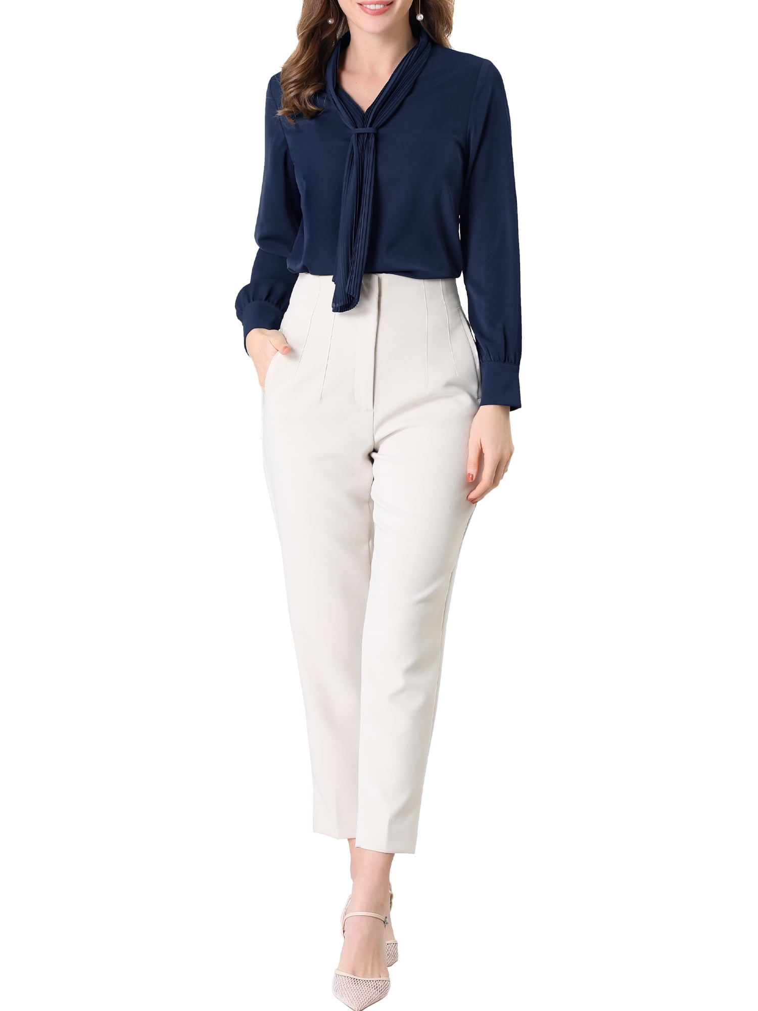 DARING DIVA Work Office Blouse Pleated Top Shirt L Navy Blue