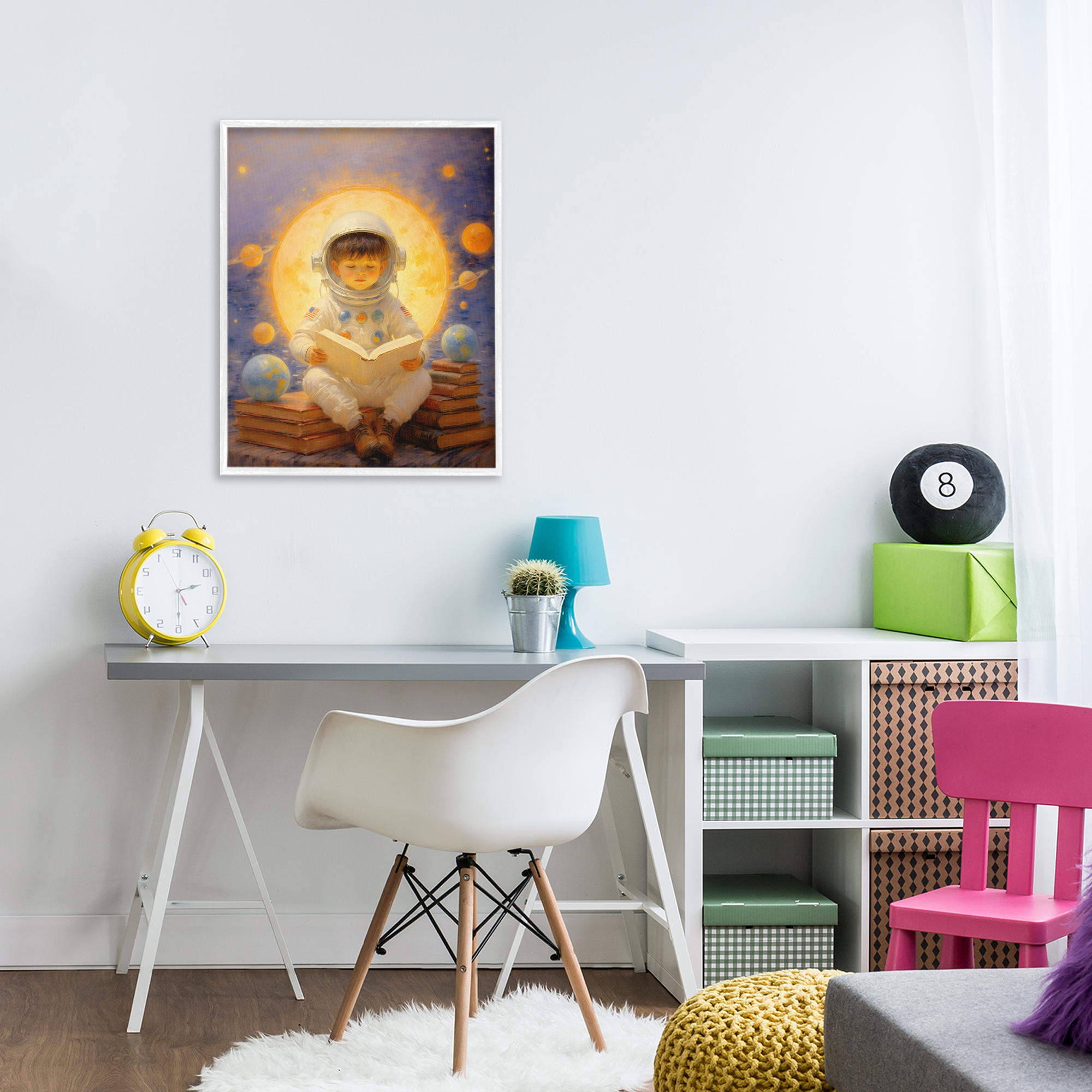 Astronaut Child Learning White Framed Giclee Art, design by Angie Hawke