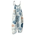 thumbnail image 4 of Women's Christmas Printed Cotton Linen Jumpsuit - Casual Loose Retro Overalls With Pockets, Blue Size L, 4 of 7