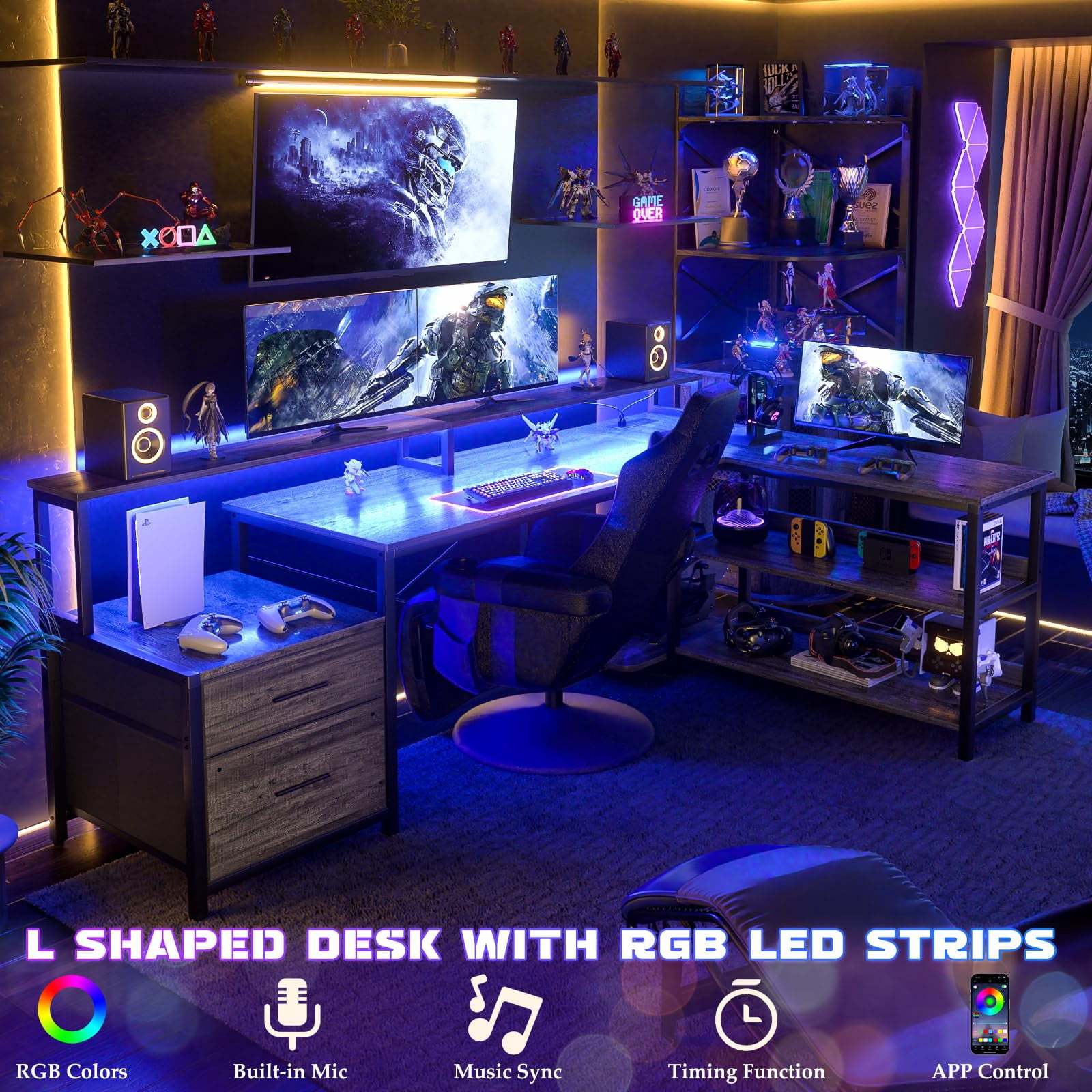 Homieasy 72.8" L Shaped Desk with File Drawer, Reversible Computer Desk with Power Outlet, LED Strip, Monitor Stand & Storage Shelf - Ideal for Gaming & Office, Black Oak
