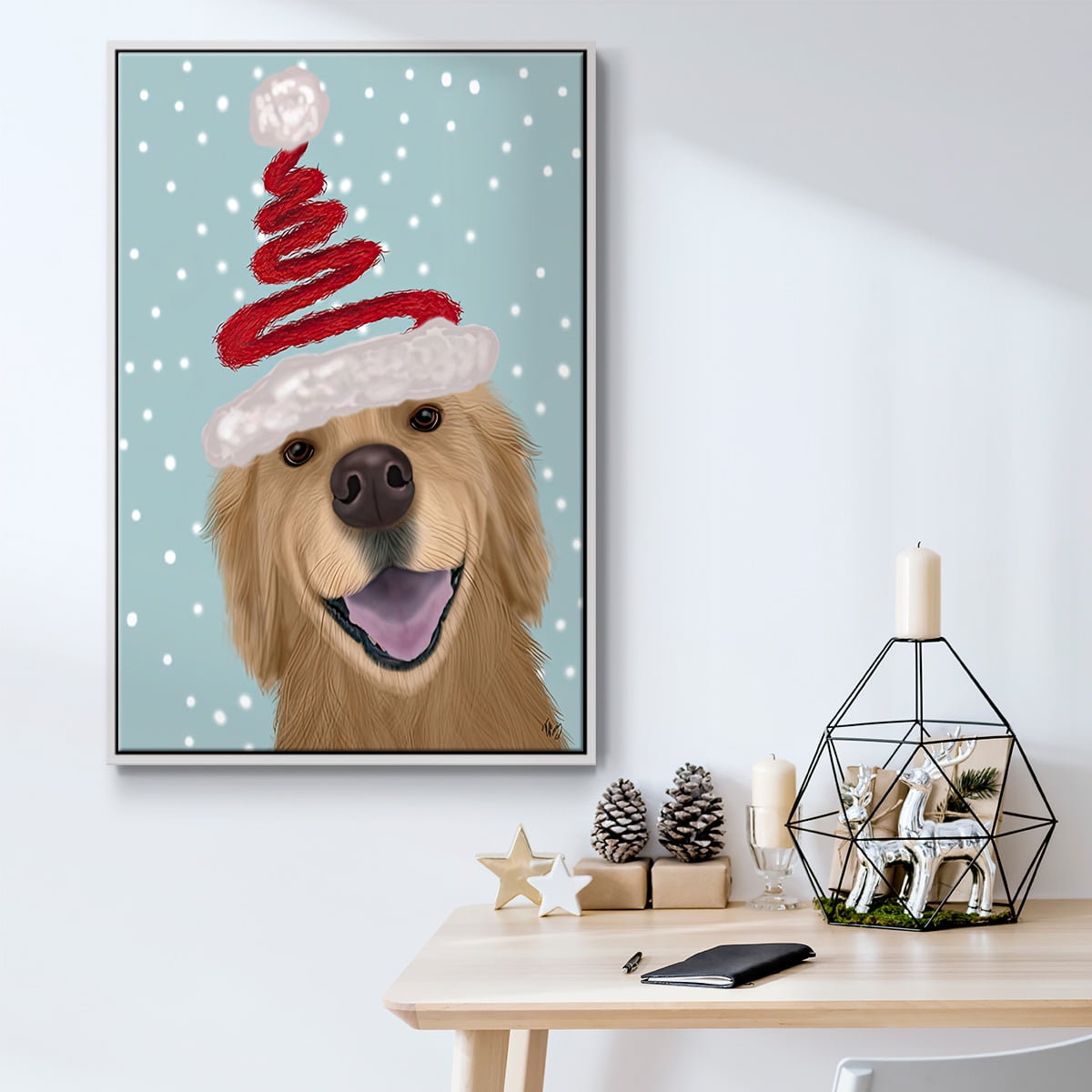 Christmas Golden Retriever and Spring Santa Hat - Framed Gallery Wrapped Holiday Canvas - 27 x 41 - White Frame