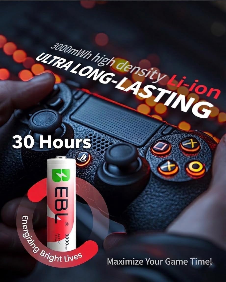 Rechargeable AA Batteries Lithium with Charger 8 Pack 3000mwh 1.5V Constant Voltage Batteries 1600 Cycles Long Lasting Double A Battery for Blink Outdoor Camera