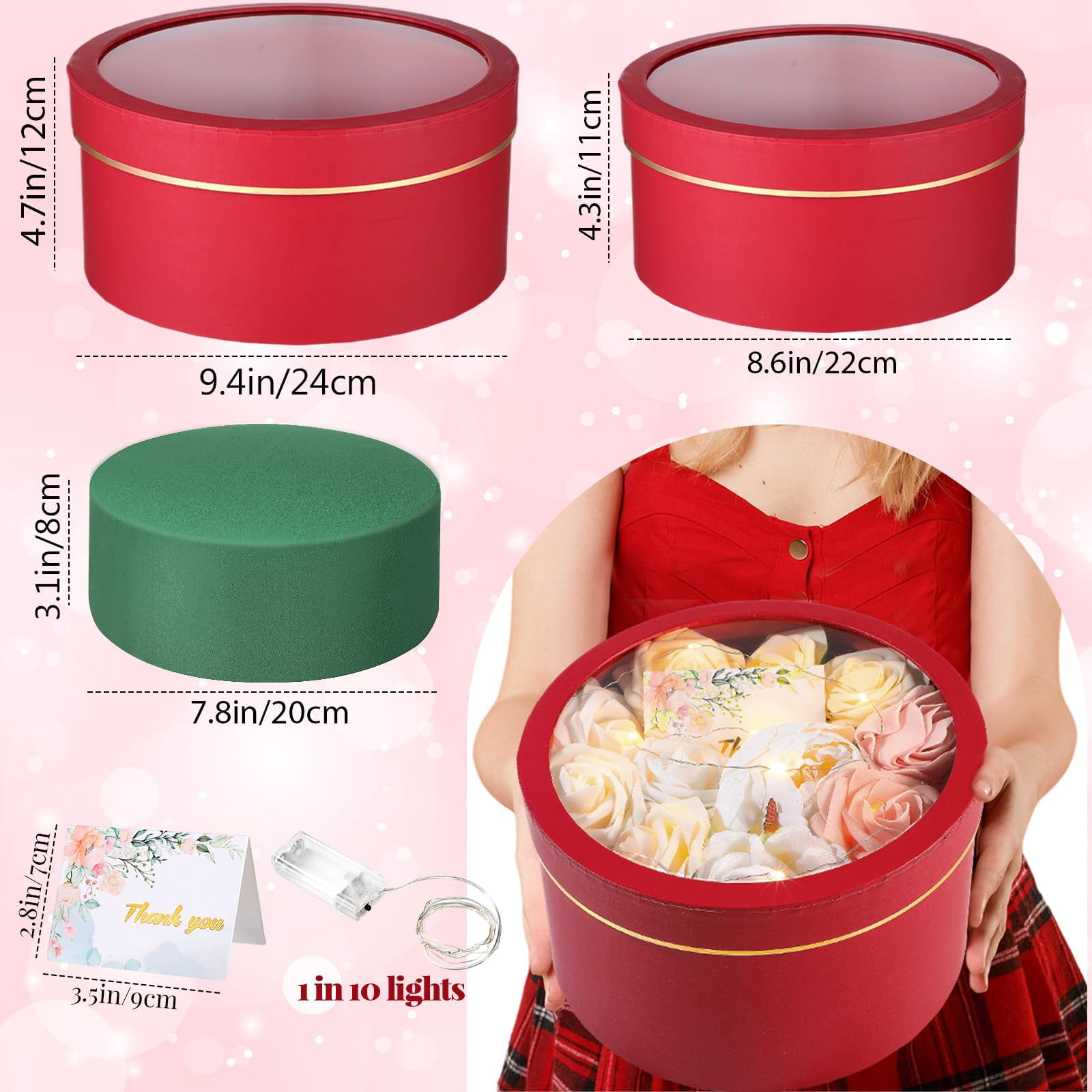 2 Round Gift Boxes With Lids Floral Foam Led Light Thank You Greeting Cards Flower Arrangements Supplies For Valentine Birthday Wedding Bridesmaid Proposal(red)