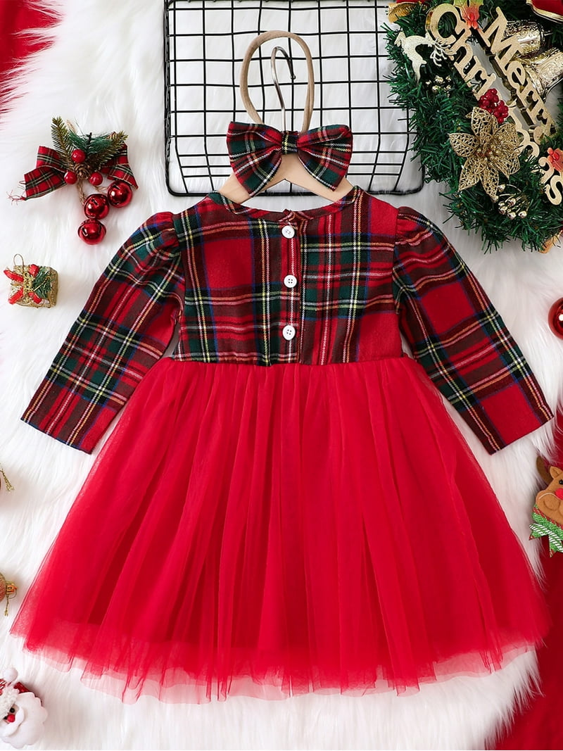 Bagilaanoe Toddler Baby Girl Christmas Dress Plaid Ruffle Long