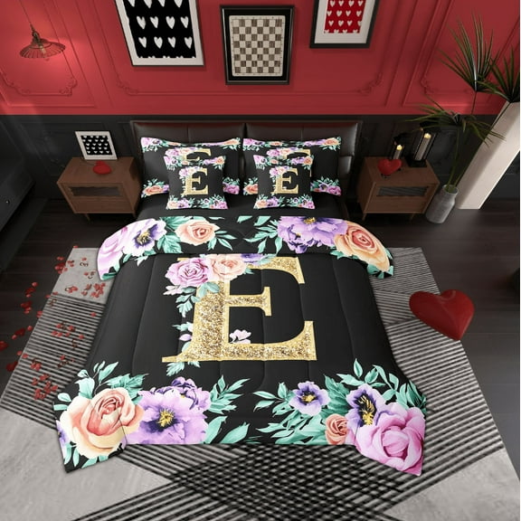 Erosebridal Monogrammed E Bed in a Bag, Initial Letter Bed Set, Romantic Rose Reversible Comforter Sets, Microfiber Room Decor, 7-Piece