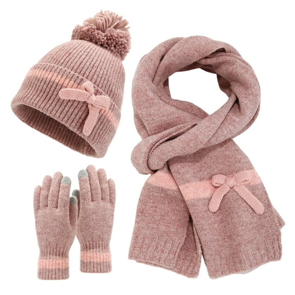 SUXIAN Women's Winter Scarf Set Bow Decorated Hat Scarf Gloves Pink One Size