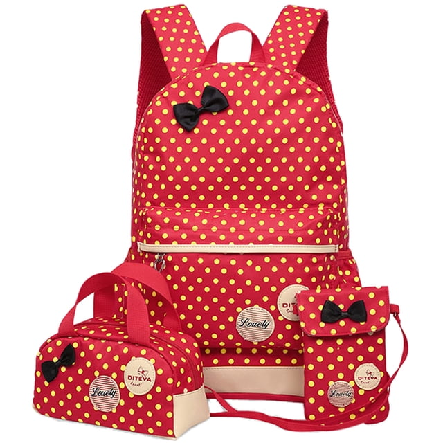 Children Kids 3 Pieces Dots Lightweight Nylon Backpack Schoolbag Set(Red)