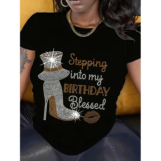Women'S Birthday Celebration T-Shirt, Casual Crew Neck Short Sleeve Top with Rhinestone High Heel and Hat Print, Regular Fit, All Season Fashion Tee