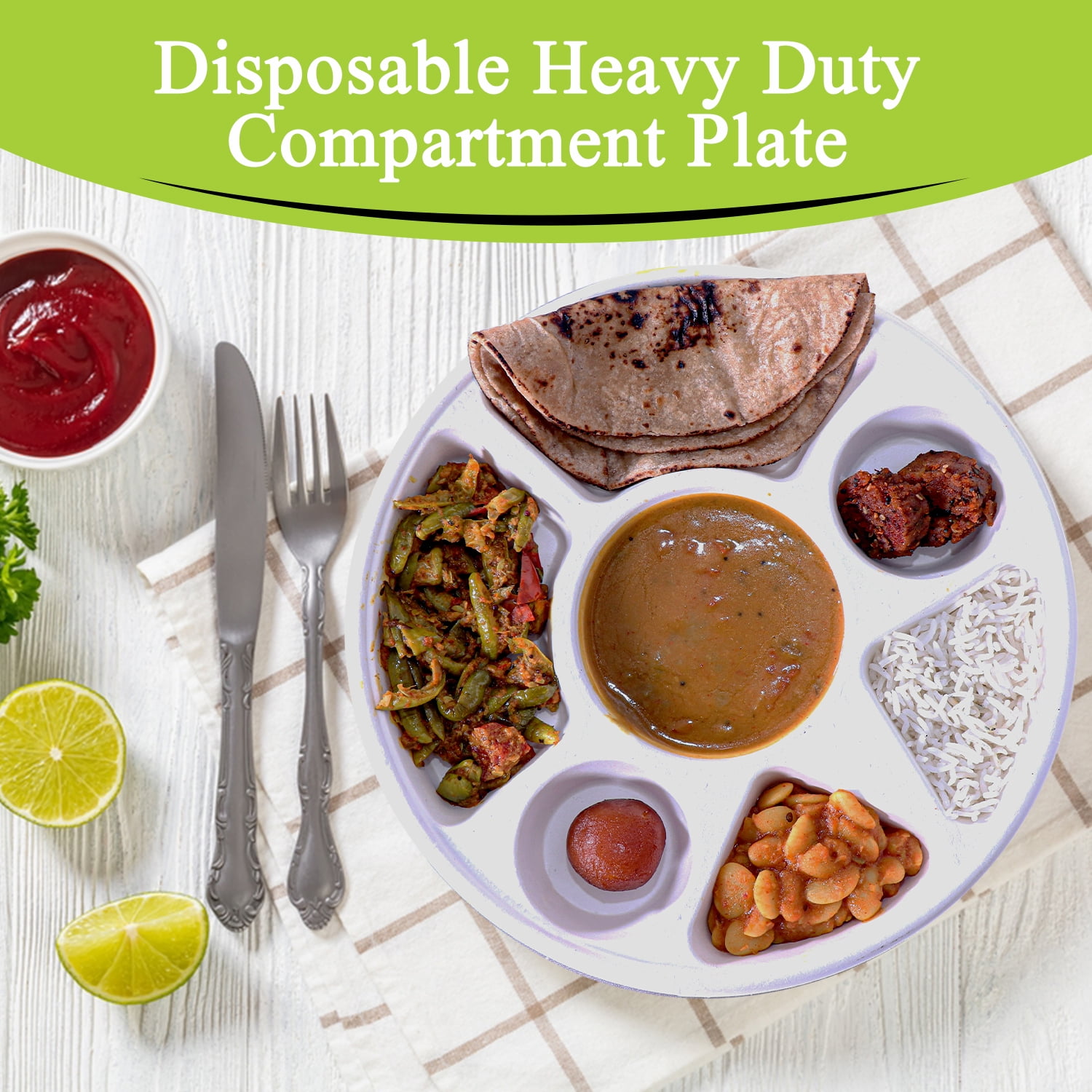 Three Leaf 7 Compartment Bagasse Round Plate, 200 ct, White, Eco-Friendly Disposable