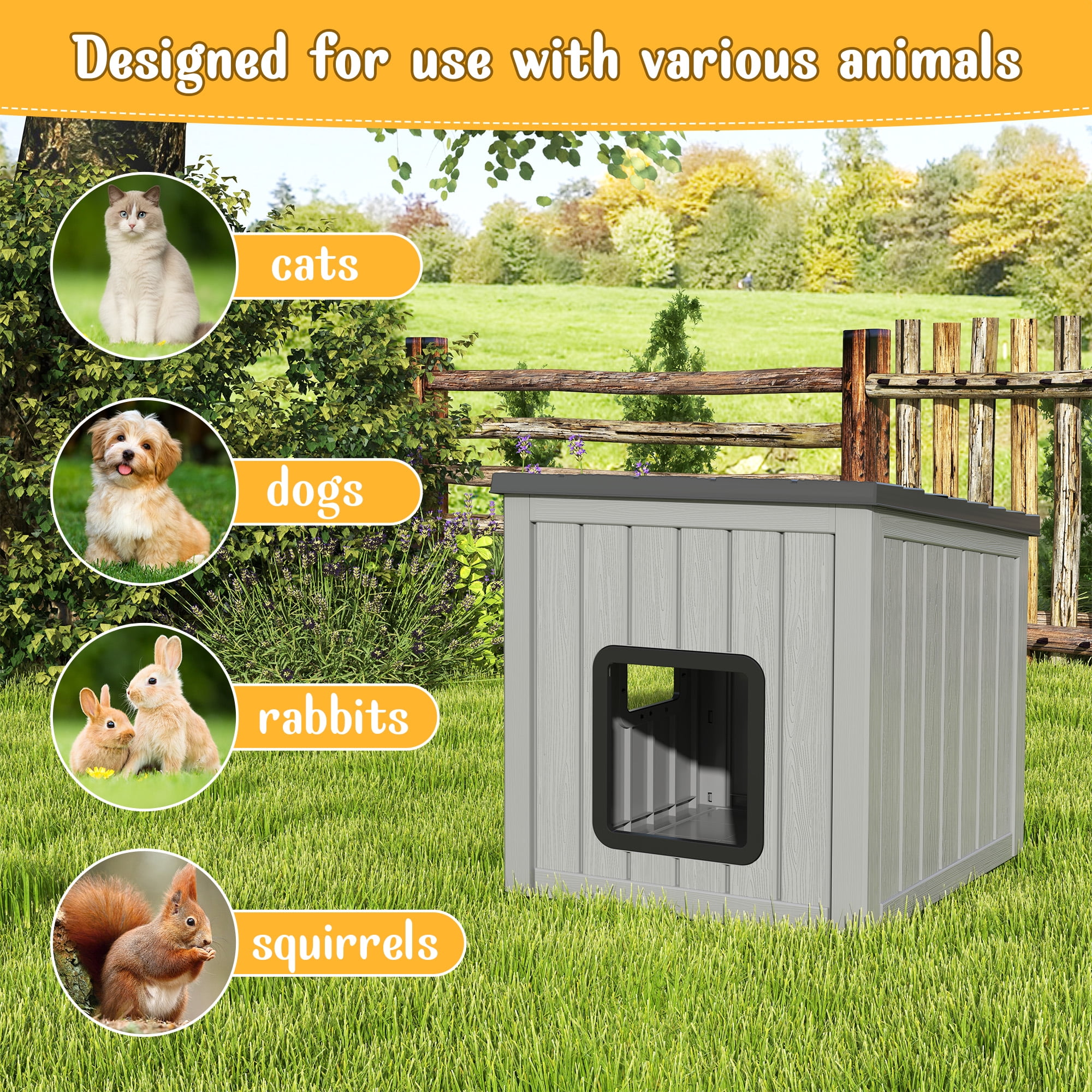 Bifanuo Outdoor Cat House, Weatherproof Shelter for Feral Cats & Kittens, Durable Insulated PP Shelter for Garden & Patio (Gray & Black)