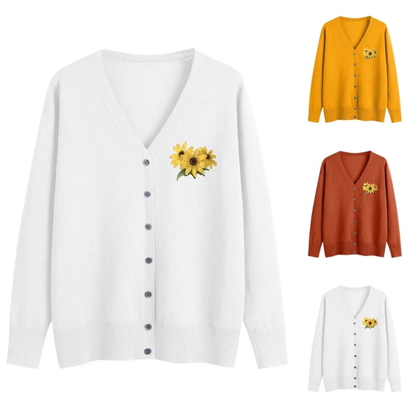 Hfnxid Womens Cardigan Sweaters Embroidered Button Down Sweater Lightweight V-Neck Knit Coat Solid Casual Outerwear White M
